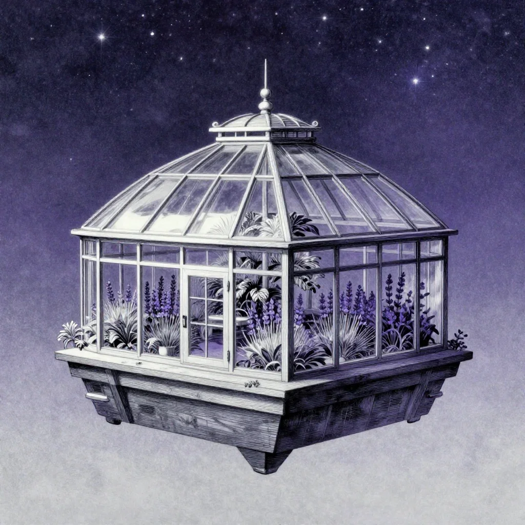a floating botanical conservatory beneath a star-filled sky, Japanese woodblock-inspired editorial art, calm negative sp