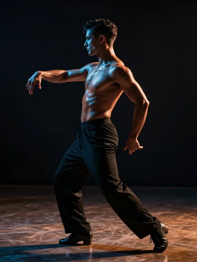 a chiseled athlete in dramatic rim light, oiled skin in a dramatic three-quarter profile, on a midnight dance floor, Vog