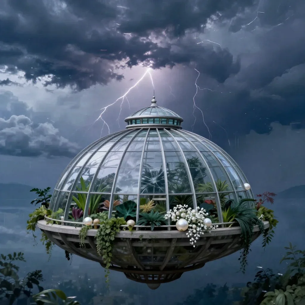 a floating botanical conservatory after a distant thunderstorm, quiet science-fiction concept art, clean natural texture