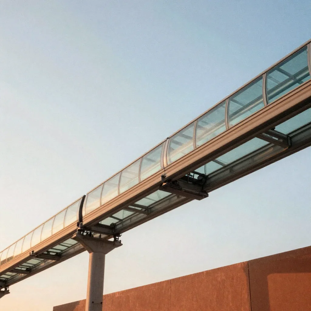 a glass monorail in crisp winter sunlight, dreamlike fine-art landscape photography, subtle film grain, terracotta and p