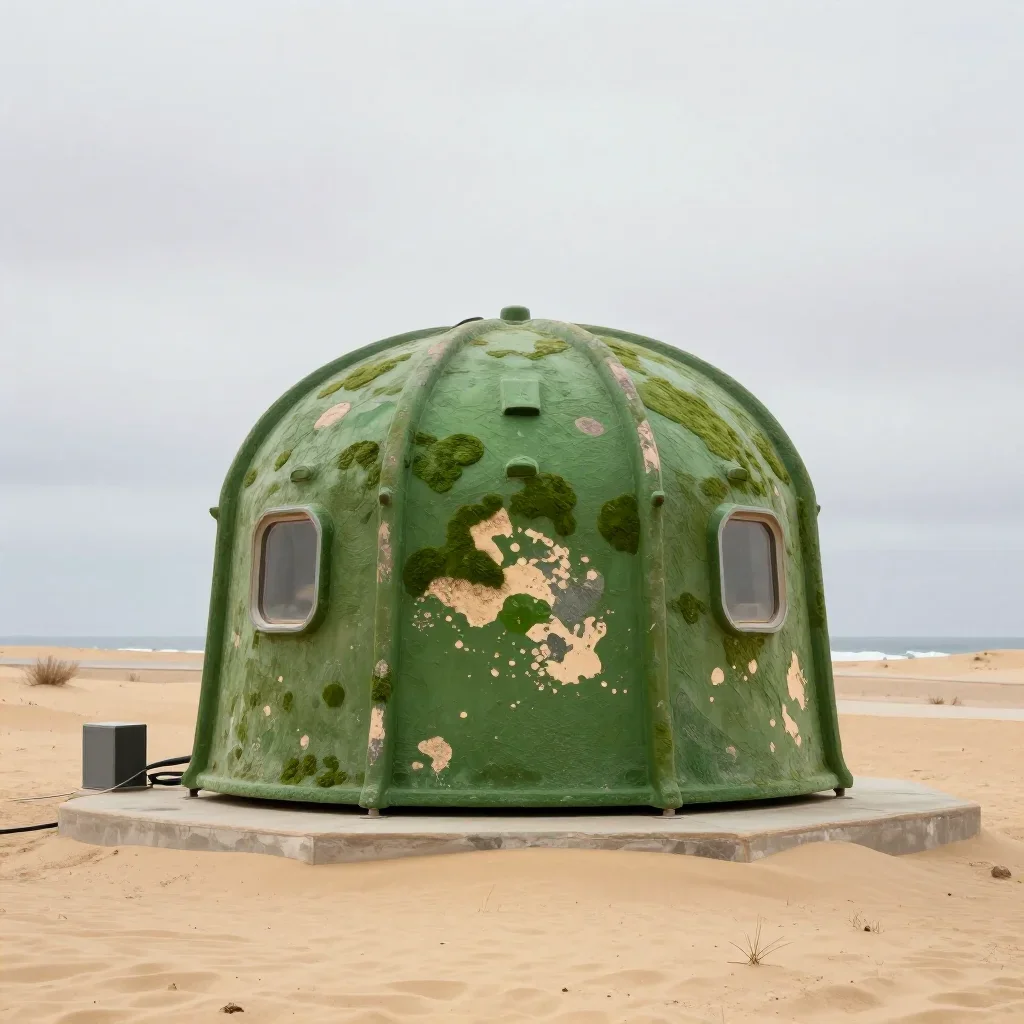 a desert research station under overcast coastal light, high-end design magazine photography, weathered tactile surfaces