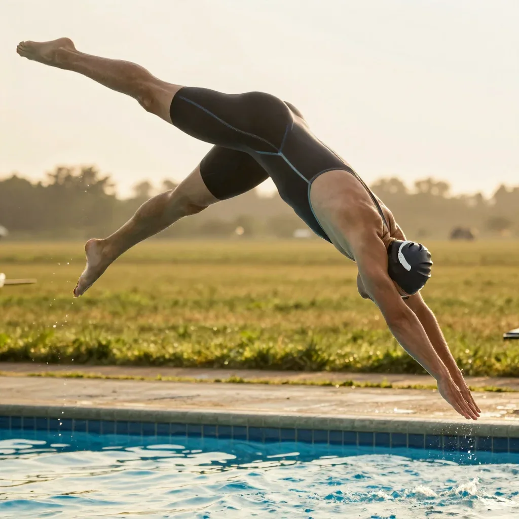 a swimmer before the plunge in a racing suit in a graceful contrapposto pose, in a backlit golden-hour field, cinematic