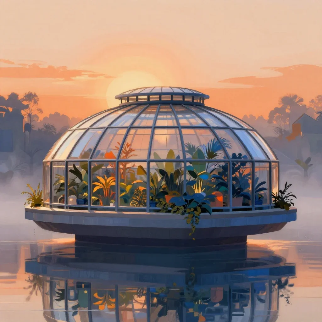 a floating botanical conservatory in quiet late-afternoon haze, modernist poster illustration, gentle reflected light, o