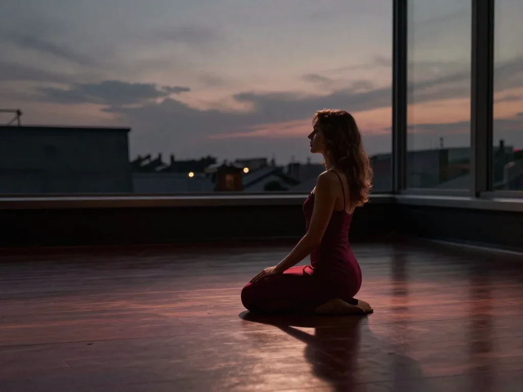 a muse on a rooftop at dusk in a body-con dress in a seated silhouette against a window, on a midnight dance floor, Nati