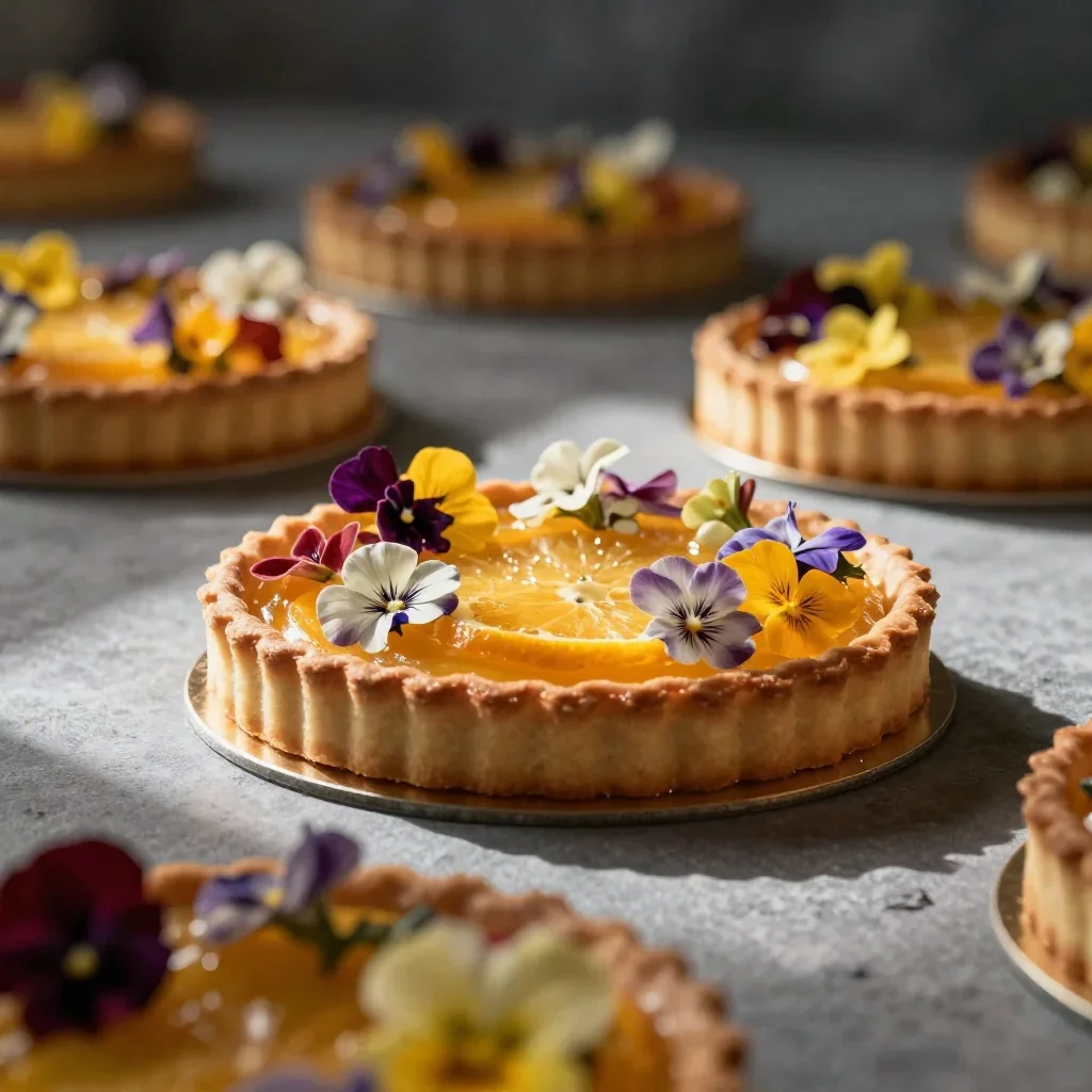 a citrus tart with edible flowers in crisp winter sunlight, cinematic architectural photography, layered foreground fram