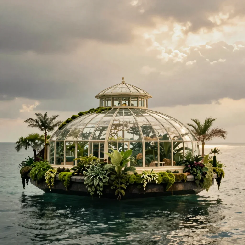 a floating botanical conservatory in a gentle sea breeze, cinematic architectural photography, calm negative space, moss