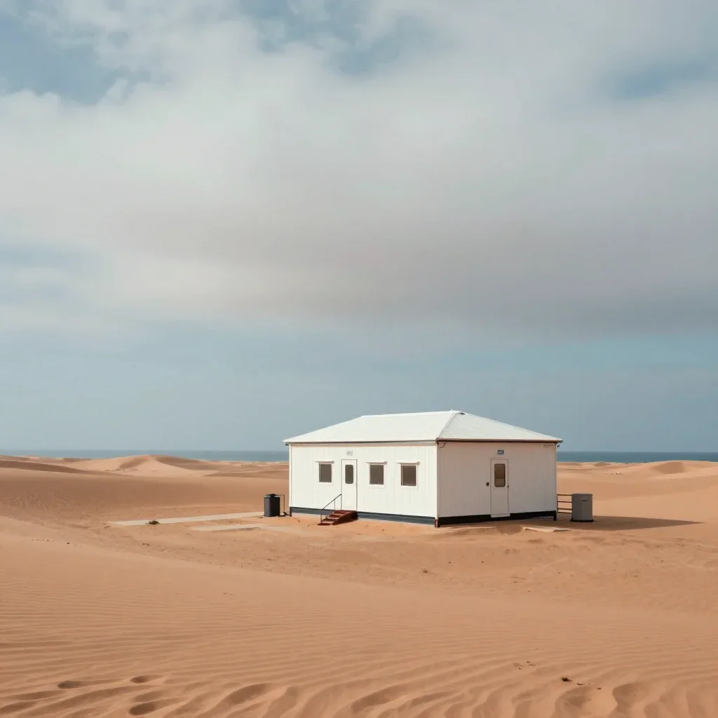 a desert research station under overcast coastal light, Japanese woodblock-inspired editorial art, soft volumetric light