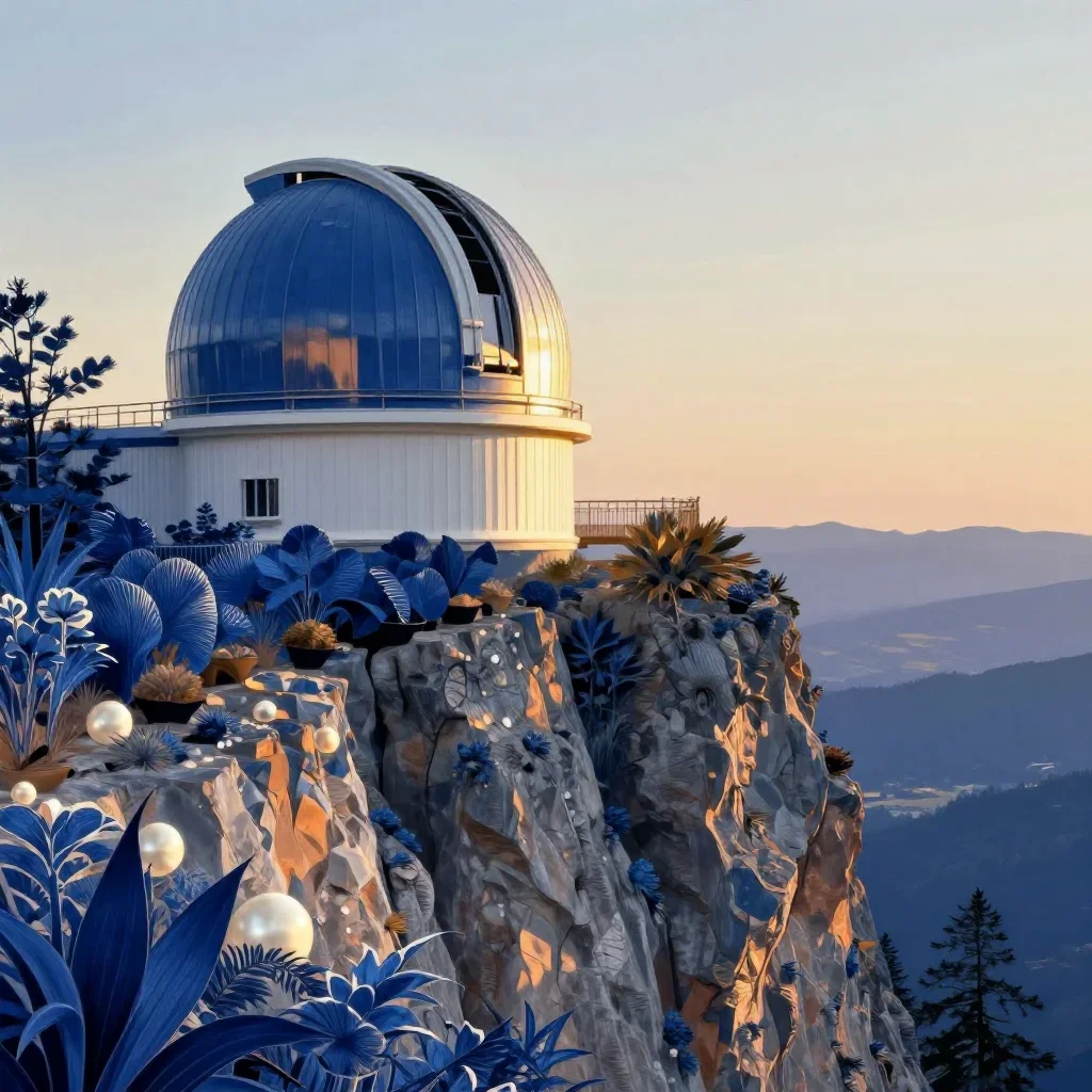 a cliffside observatory during golden hour, contemporary botanical illustration, restrained color harmony, indigo and pe