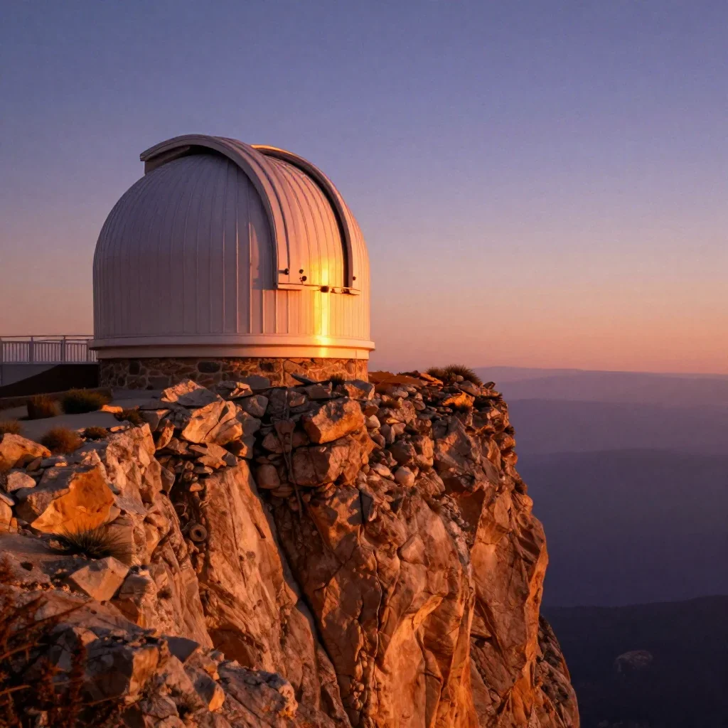 a cliffside observatory during golden hour, dreamlike fine-art landscape photography, subtle film grain, ochre and ultra
