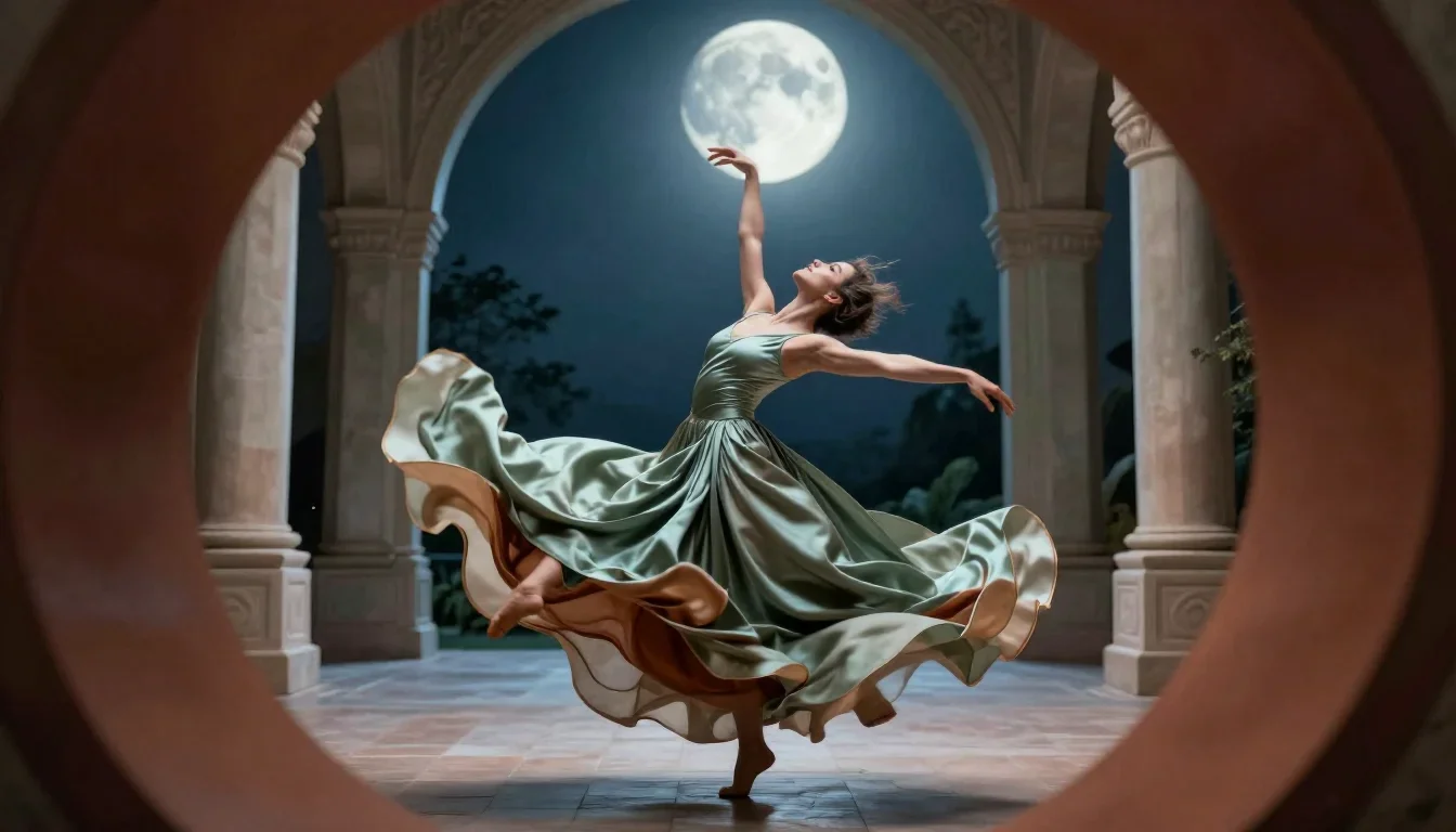 a dancer mid-spin in a silk maxi dress reclining elegantly on a chaise, in a moonlit palace courtyard, futuristic specul