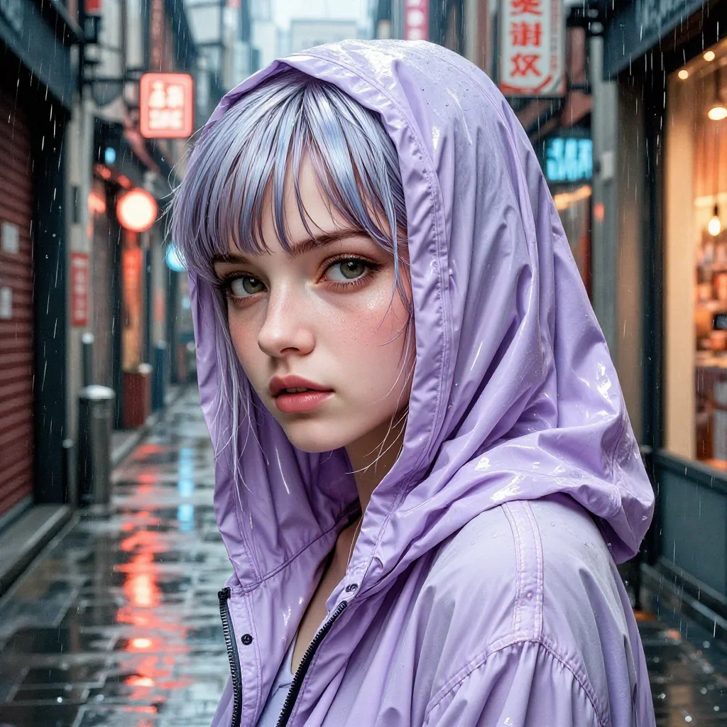 a streetwear influencer with wet-look hair mid-turn with fabric catching the light, in a rain-slick neon alley, Renaissa