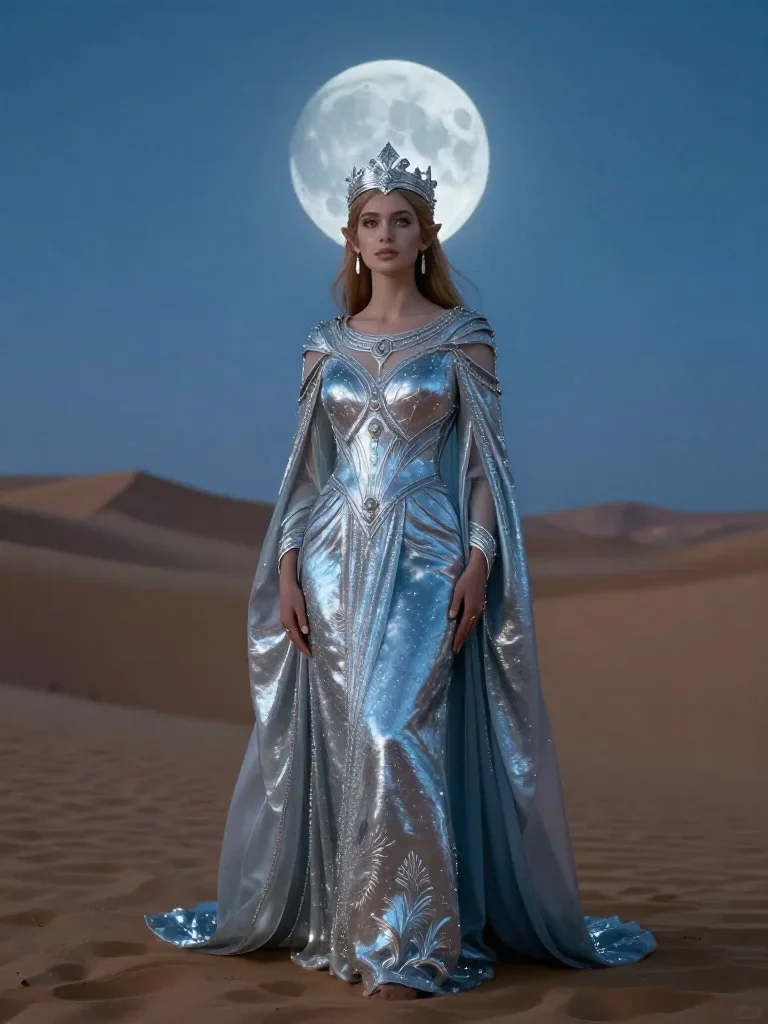 an elven queen in a moonlit silver crown standing tall with hands in pockets, in a silent desert at twilight, National G