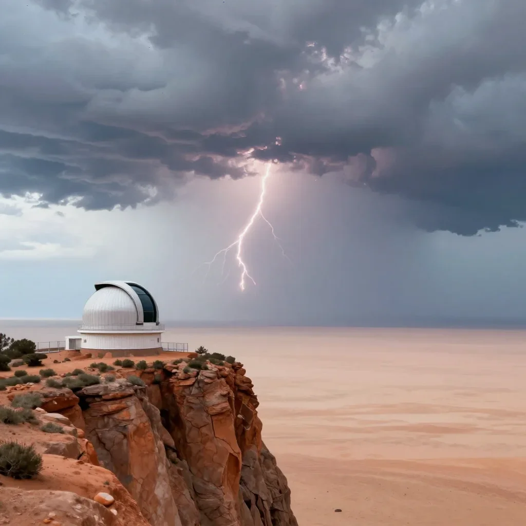 a cliffside observatory after a distant thunderstorm, quiet science-fiction concept art, calm negative space, terracotta