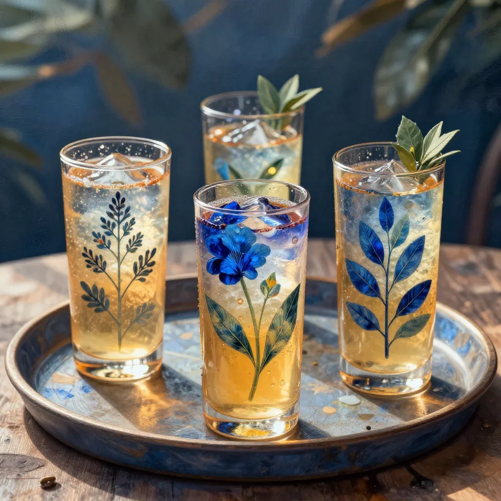a tray of jewel-toned botanical drinks at first light, contemporary botanical illustration, weathered tactile surfaces, 