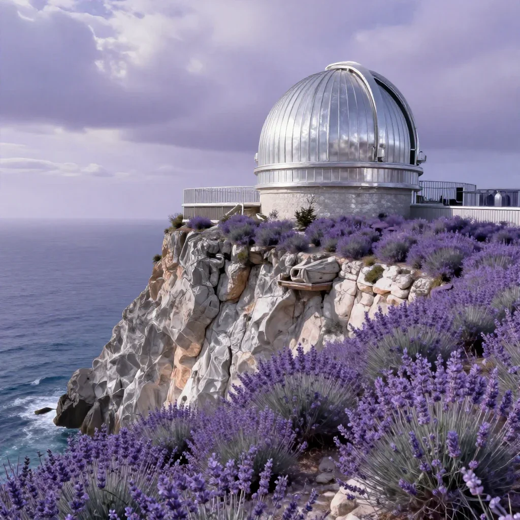 a cliffside observatory in a gentle sea breeze, dreamlike fine-art landscape photography, crisp material detail, lavende