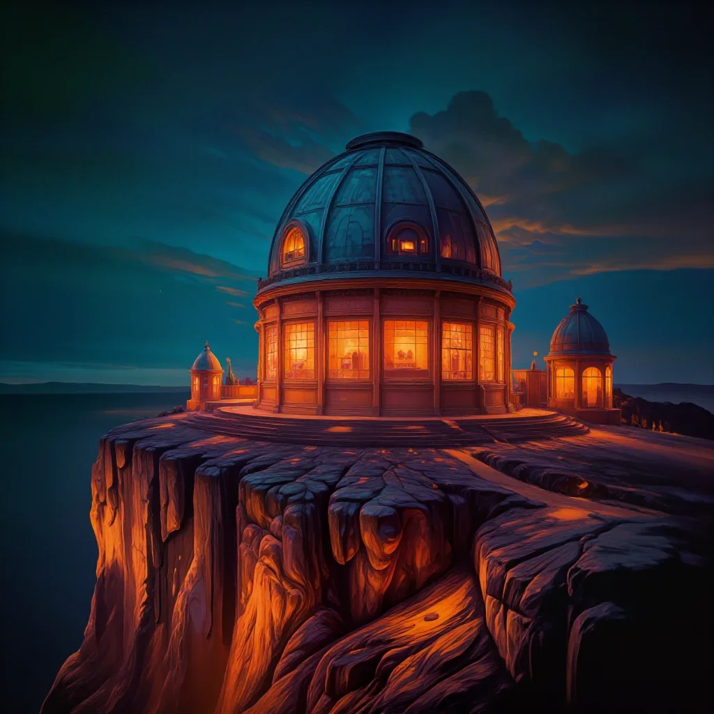 a cliffside observatory at blue hour, cinematic architectural photography, soft volumetric light, ochre and ultramarine
