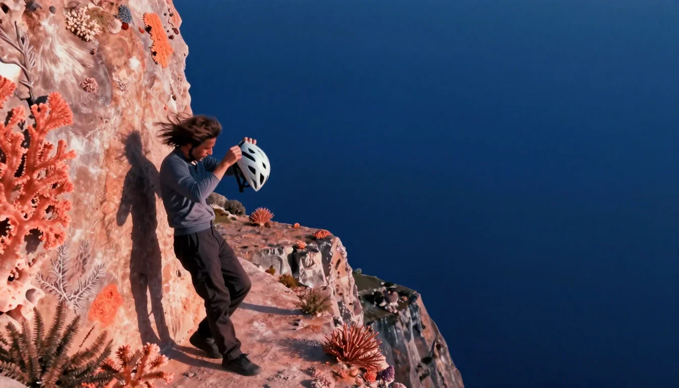 a rider removing a helmet, flushed and windblown in a wind-swept lean against a wall, on a sun-drenched cliffside, dream