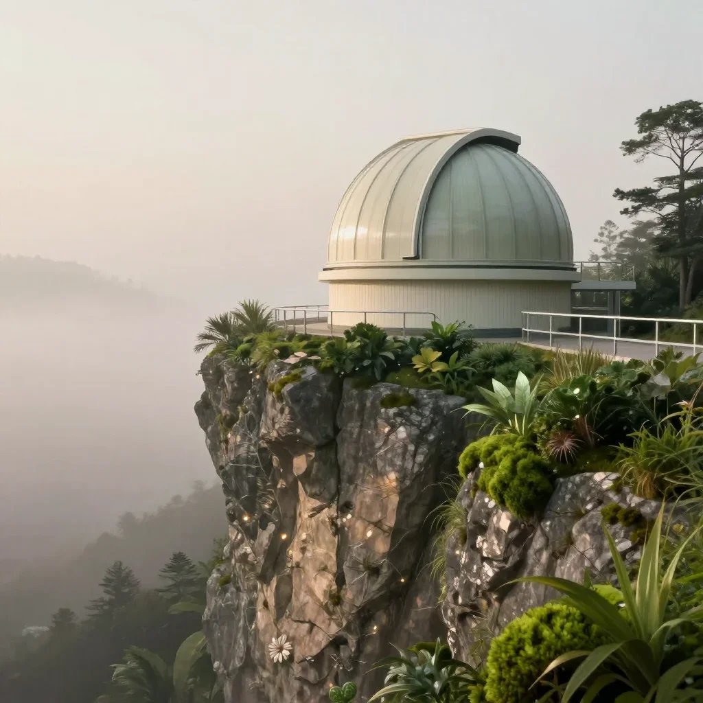 a cliffside observatory under soft dawn fog, contemporary botanical illustration, gentle reflected light, moss green and