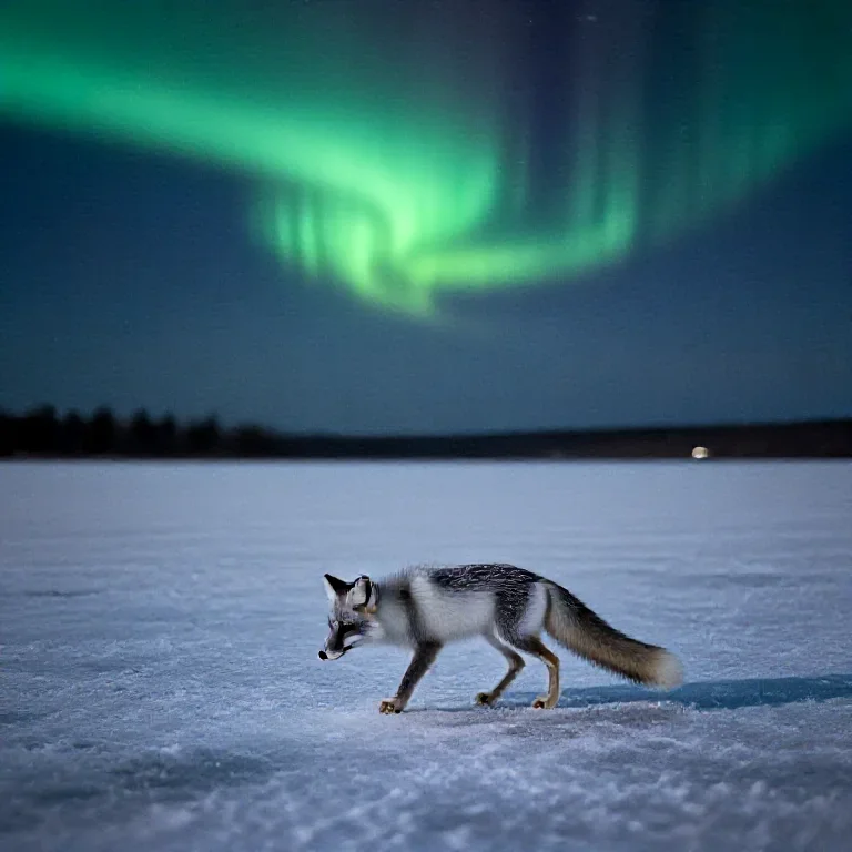 A silver fox crossing a frozen salt lake beneath an aurora, quiet winter editorial, subtle film grain, no text