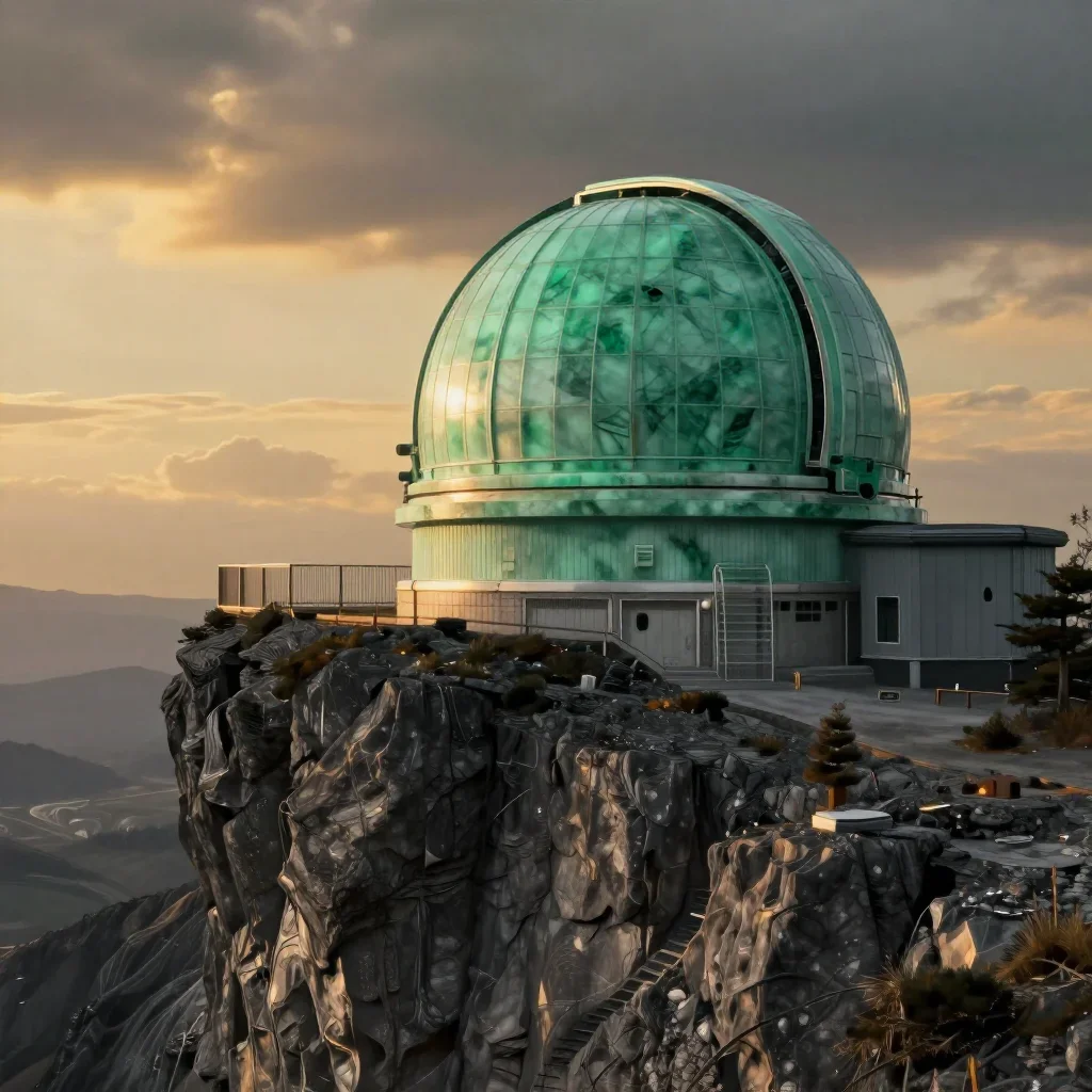 a cliffside observatory during golden hour, quiet science-fiction concept art, crisp material detail, jade and charcoal