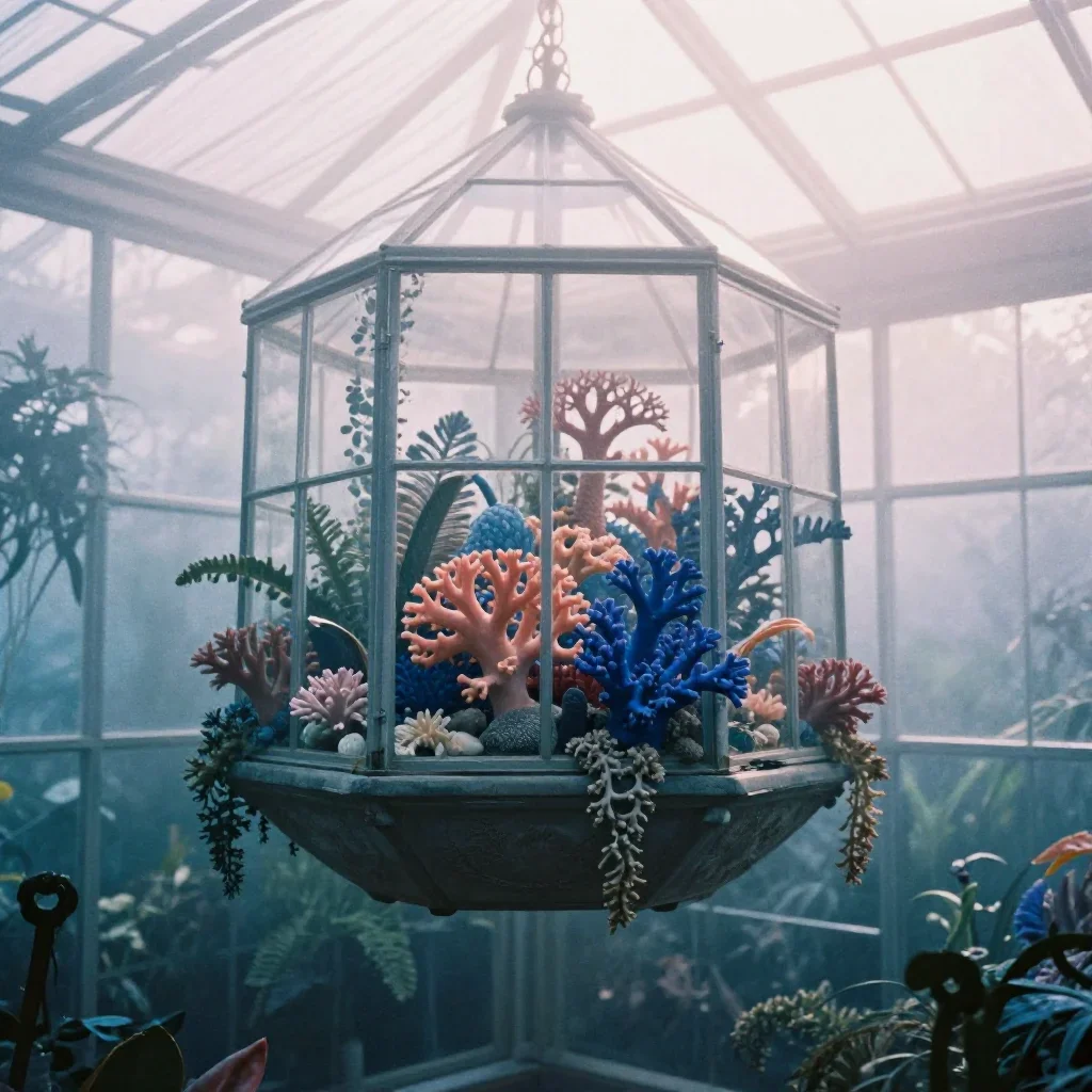 a floating botanical conservatory under soft dawn fog, soft-grain analog film photography, soft volumetric light, coral 