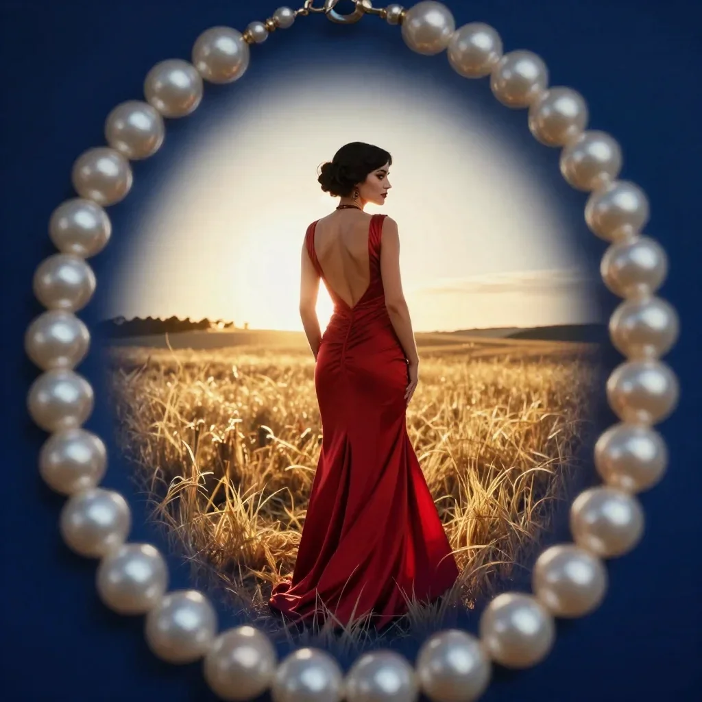 a femme fatale in a crimson backless gown standing tall with hands in pockets, in a backlit golden-hour field, editorial