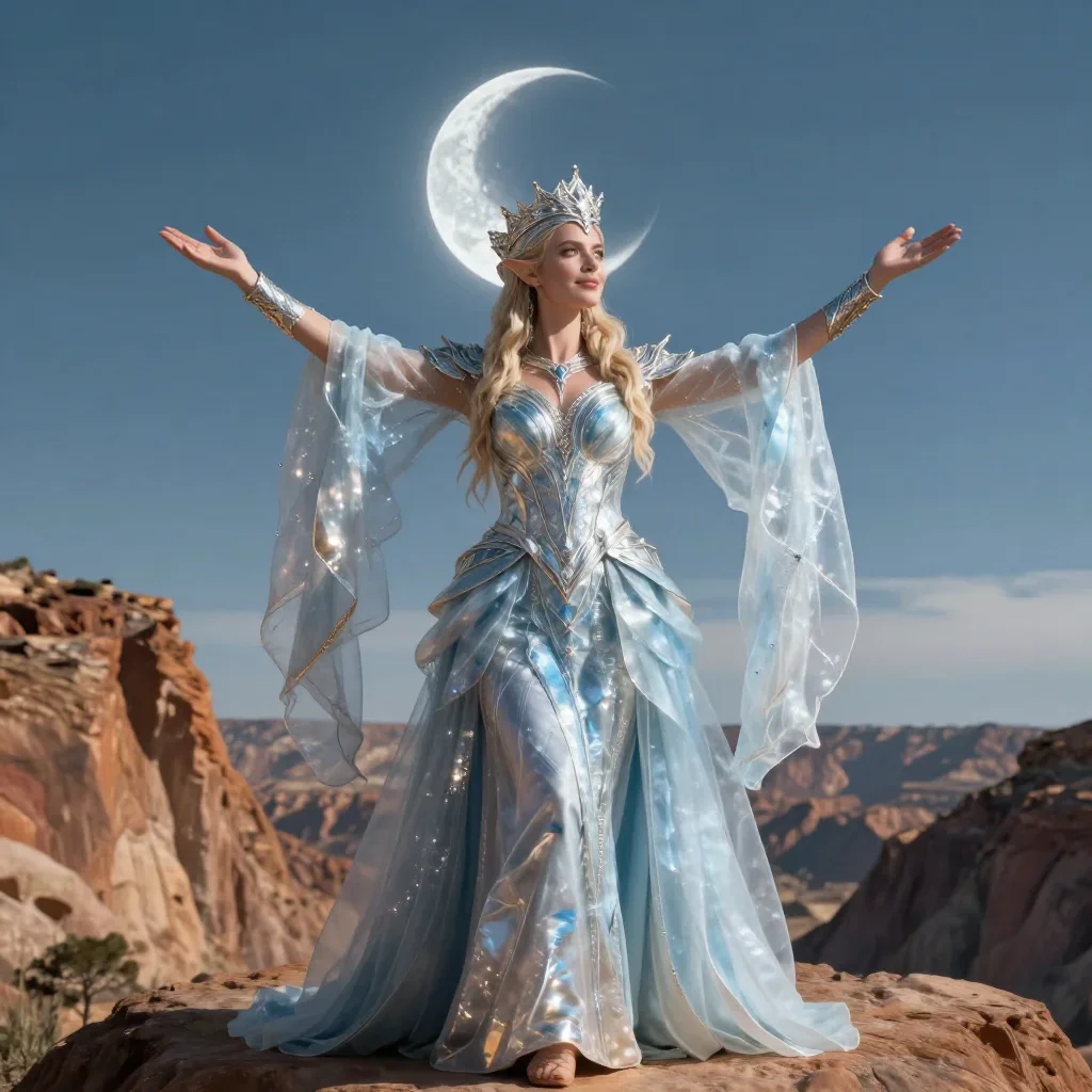 an elven queen in a moonlit silver crown in a bold, open-armed welcome, on a sun-drenched cliffside, futuristic speculat