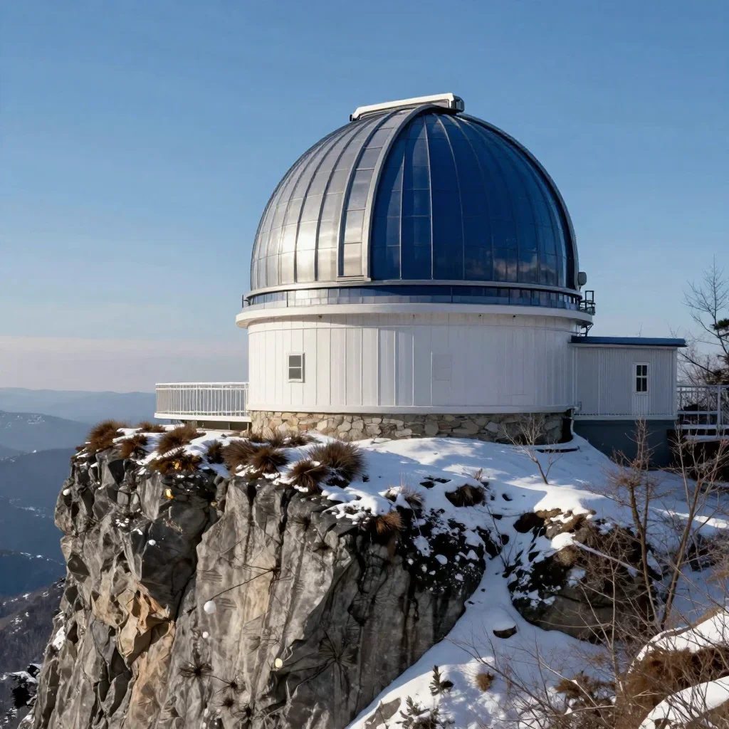 a cliffside observatory in crisp winter sunlight, museum-quality still-life photography, restrained color harmony, indig