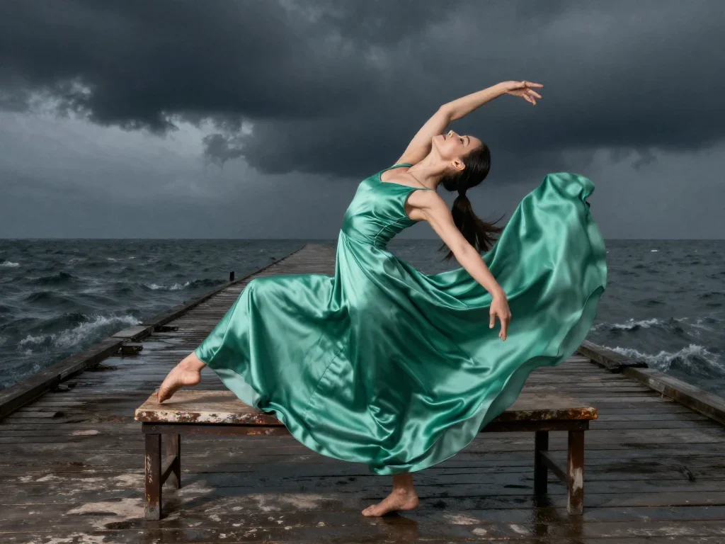 a dancer mid-spin in a silk maxi dress reclining elegantly on a chaise, on a storm-washed boardwalk, Vogue-style studio 