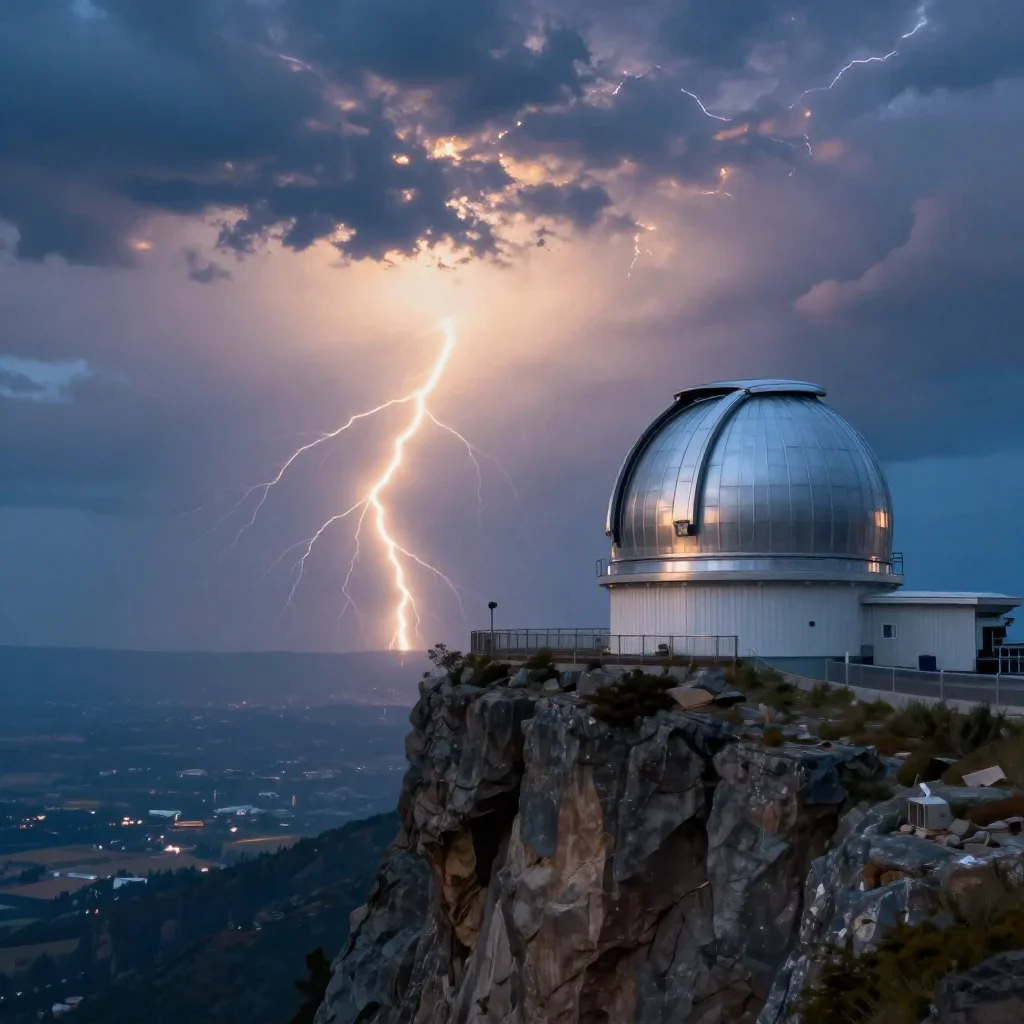 a cliffside observatory after a distant thunderstorm, quiet science-fiction concept art, soft volumetric light, cobalt a
