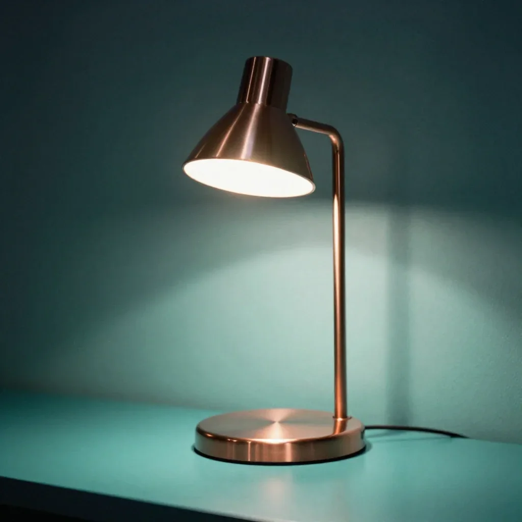 a modular chrome reading lamp in cool museum light, soft-grain analog film photography, careful geometric composition, s