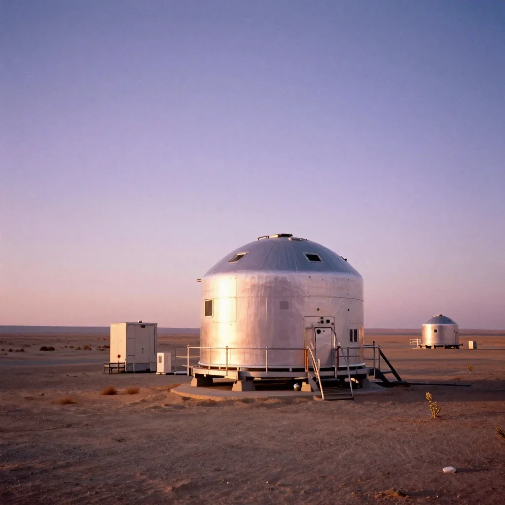a desert research station during golden hour, soft-grain analog film photography, subtle film grain, lavender and silver