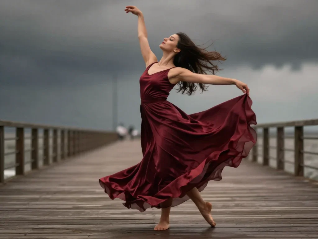a dancer mid-spin in a silk maxi dress in a deep breath with eyes closed, on a storm-washed boardwalk, National Geograph