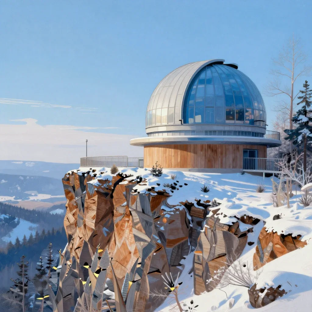 a cliffside observatory in crisp winter sunlight, contemporary botanical illustration, restrained color harmony, ice blu