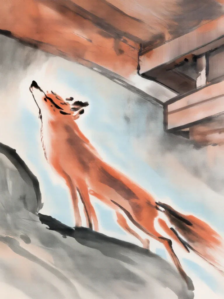 a spectral fox-spirit woman in an ink wash in a low lunge with a lifted chin, in a brutalist concrete atrium, neo-noir c