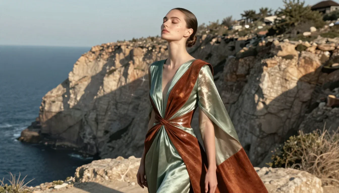 a couture catwalk muse with razor cheekbones in a deep breath with eyes closed, on a sun-drenched cliffside, futuristic 