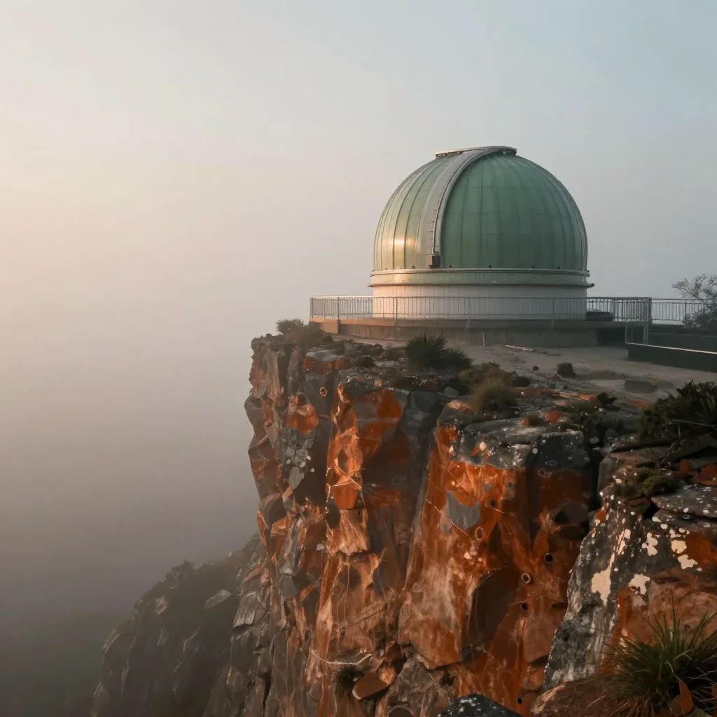 a cliffside observatory under soft dawn fog, dreamlike fine-art landscape photography, soft volumetric light, rust and s