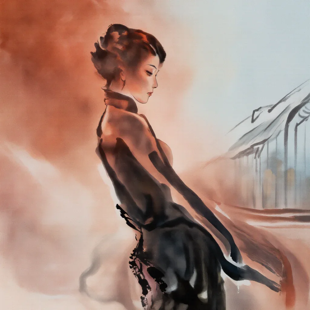 a spectral fox-spirit woman in an ink wash in a dramatic three-quarter profile, in a greenhouse humid with mist, bold He