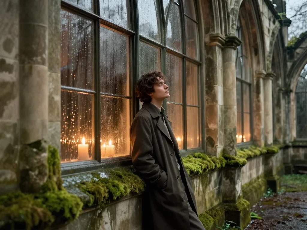 a lover leaning against rain-streaked glass in a wind-swept lean against a wall, in a candle-lit cathedral ruin, cinemat
