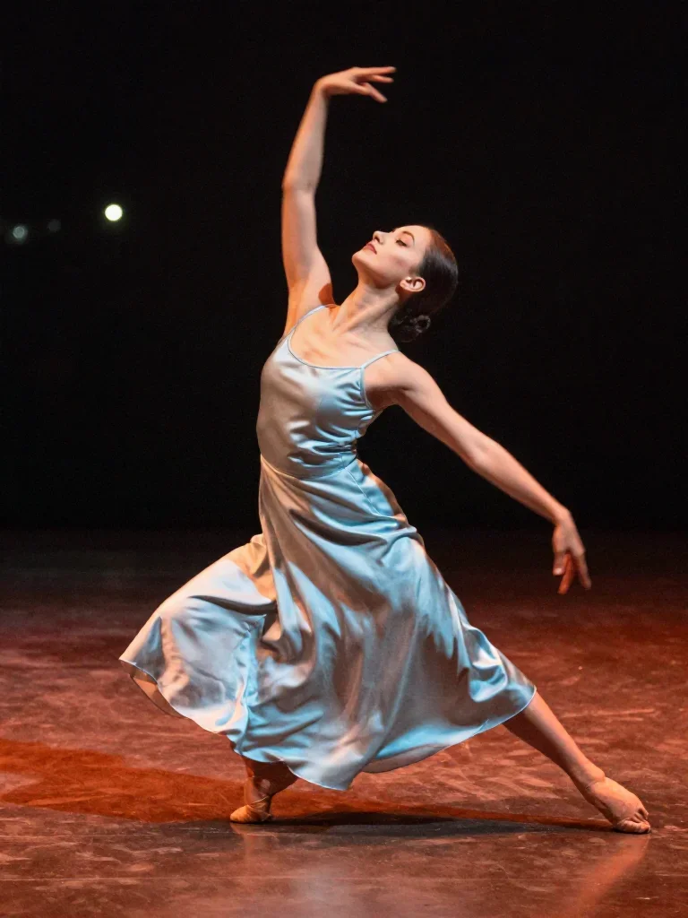 a dancer mid-spin in a silk maxi dress in a low lunge with a lifted chin, on a midnight dance floor, soft-grain analog f