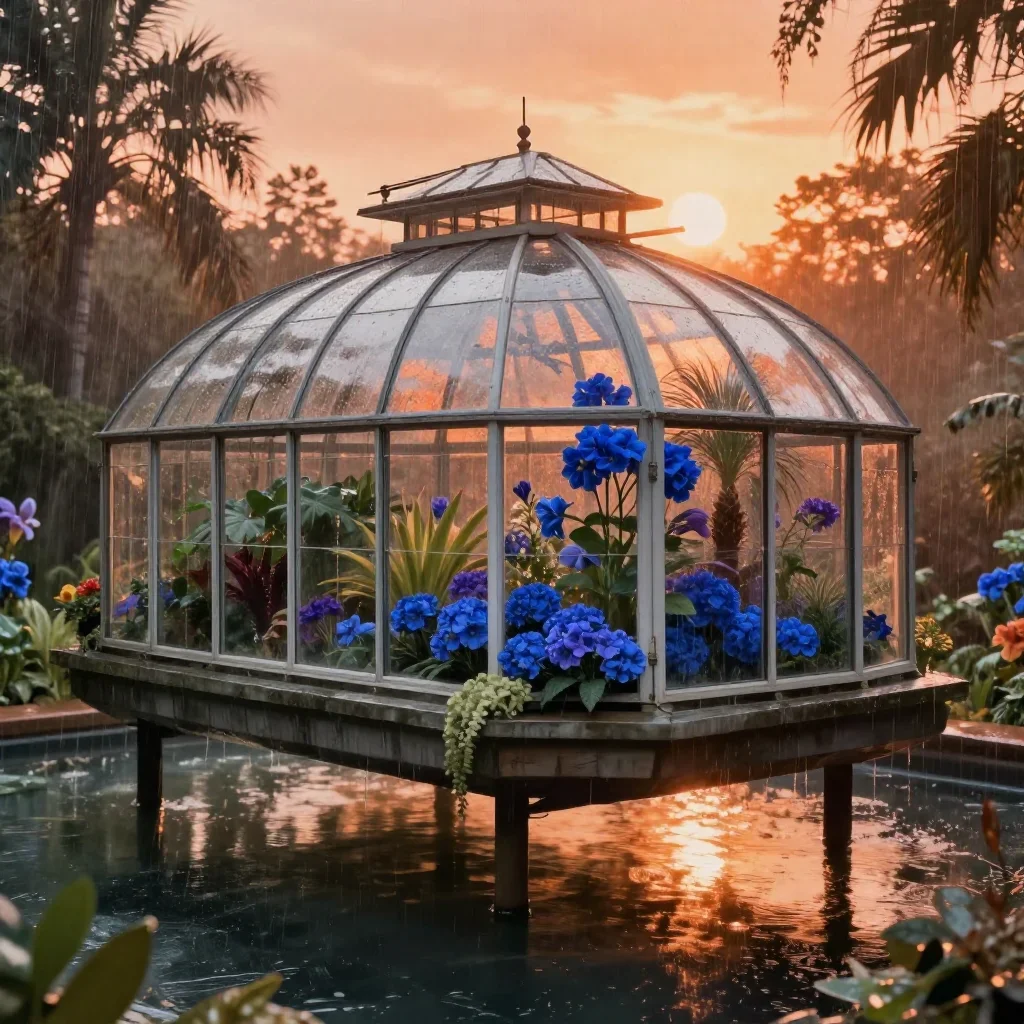 a floating botanical conservatory after warm summer rain, high-end design magazine photography, gentle reflected light,