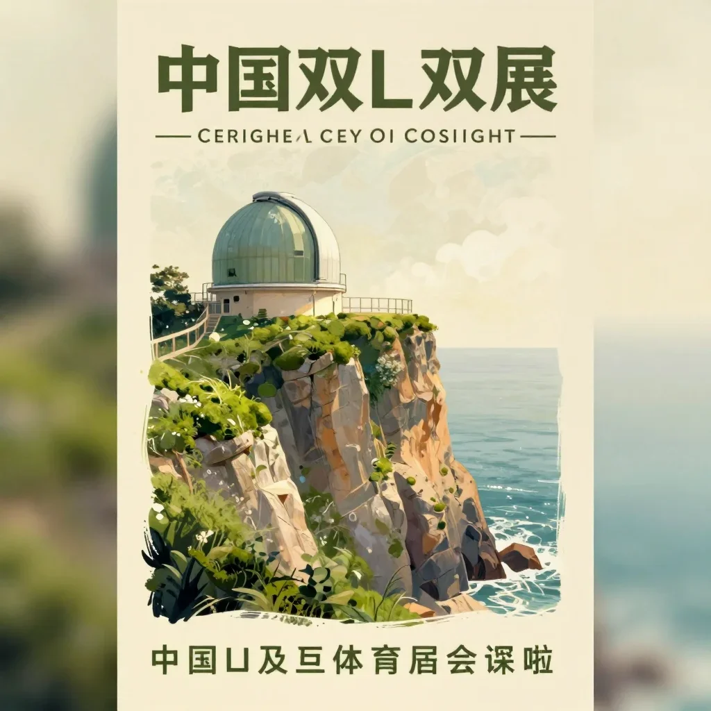 a cliffside observatory in a gentle sea breeze, modernist poster illustration, soft volumetric light, moss green and cre