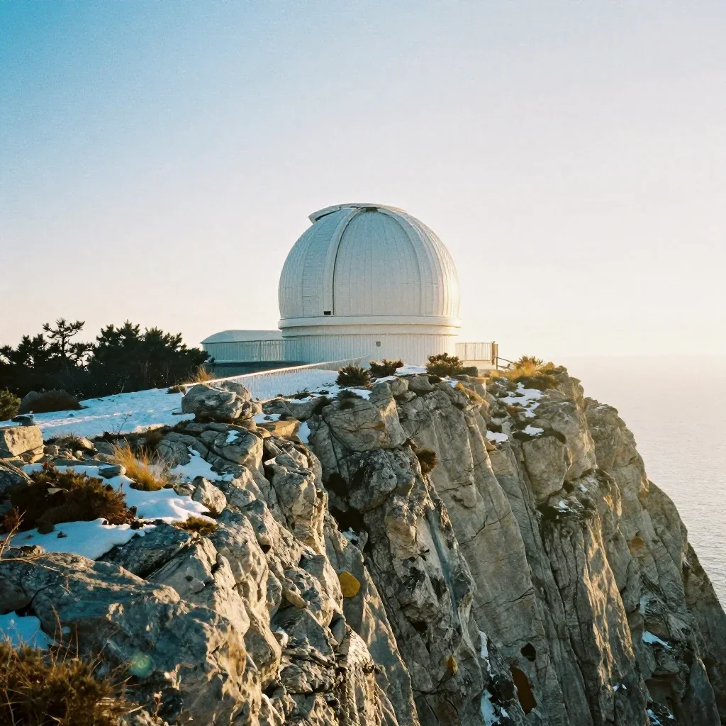 a cliffside observatory in crisp winter sunlight, soft-grain analog film photography, soft volumetric light, cobalt and 