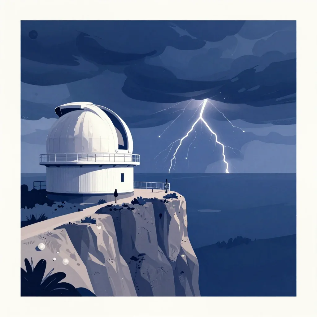 a cliffside observatory after a distant thunderstorm, modernist poster illustration, clean natural textures, indigo and 
