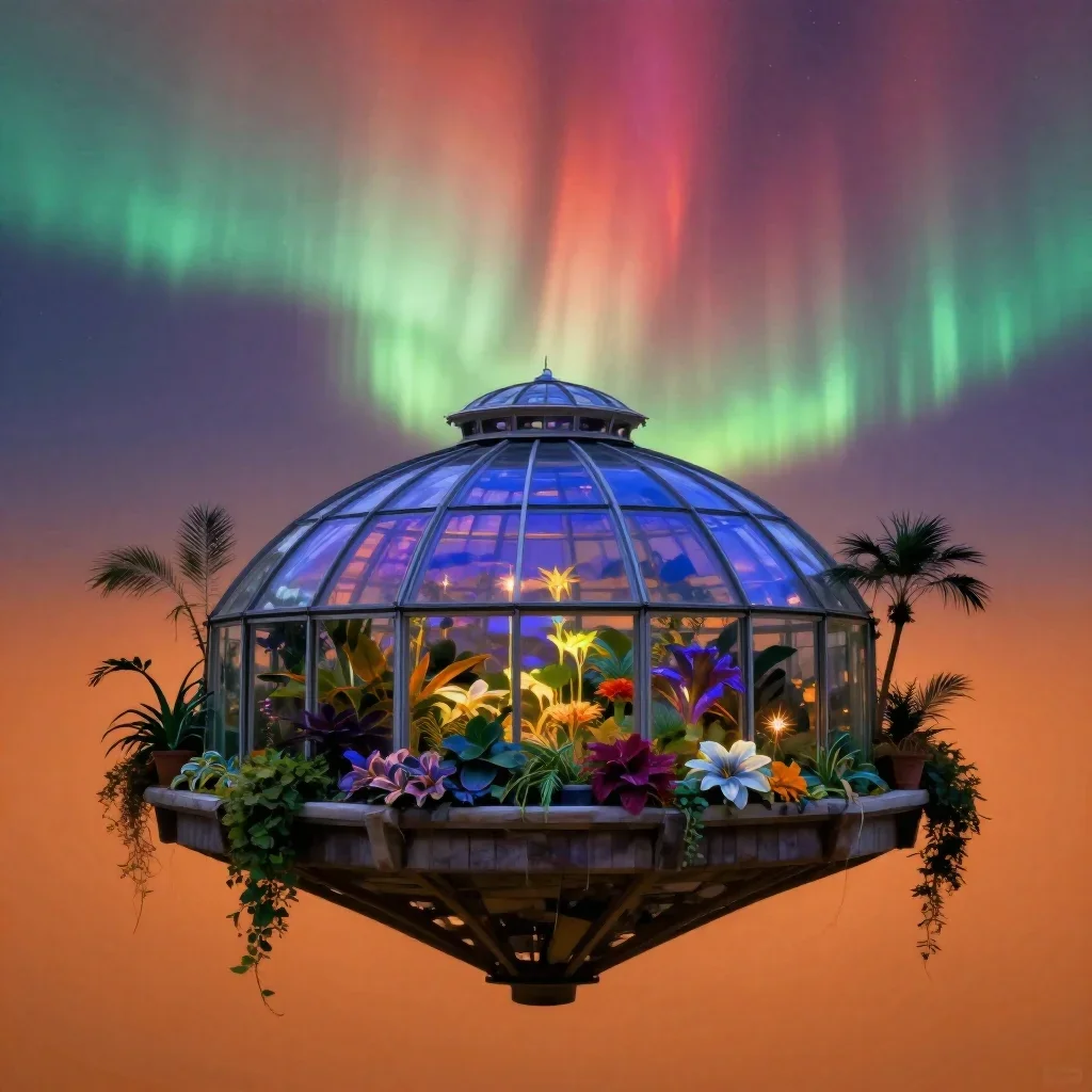 a floating botanical conservatory beneath an aurora, dreamlike fine-art landscape photography, restrained color harmony,