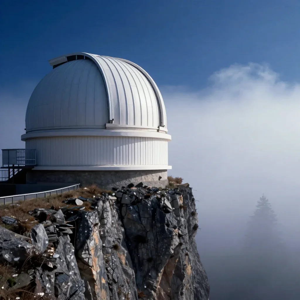 a cliffside observatory in early spring mist, cinematic architectural photography, crisp material detail, indigo and pea