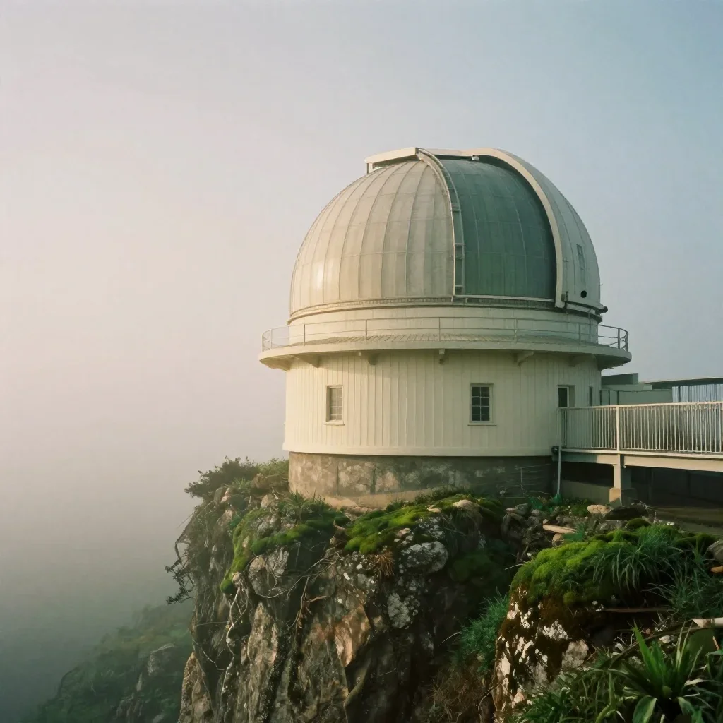 a cliffside observatory under soft dawn fog, cinematic architectural photography, subtle film grain, moss green and crea