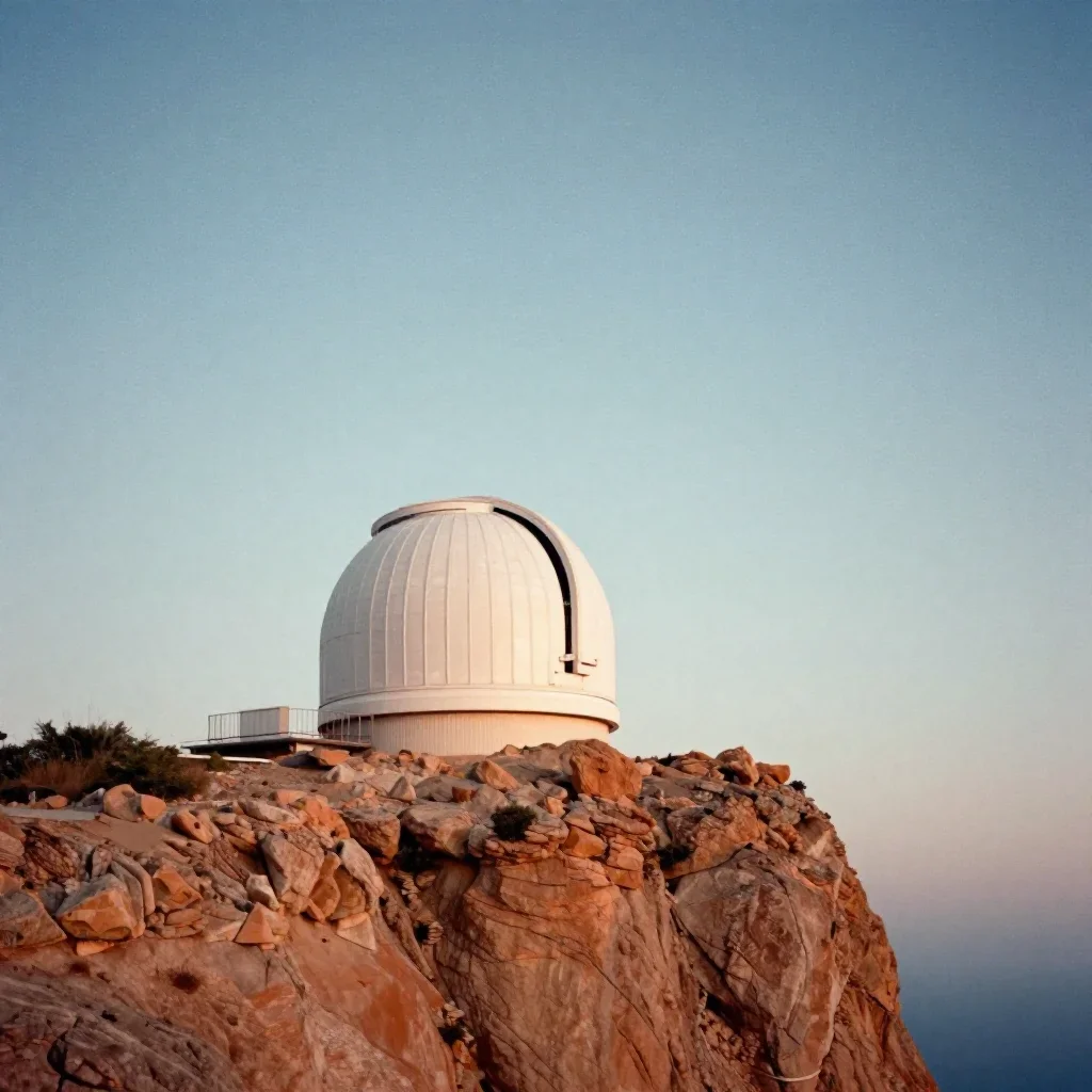 a cliffside observatory beneath a star-filled sky, soft-grain analog film photography, restrained color harmony, terraco