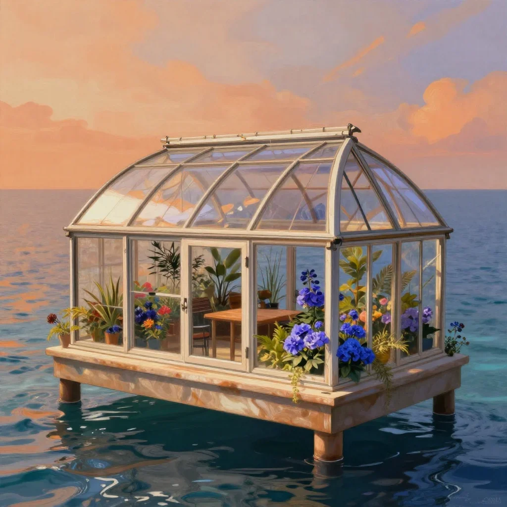 a floating botanical conservatory in a gentle sea breeze, museum-quality still-life photography, soft volumetric light, 