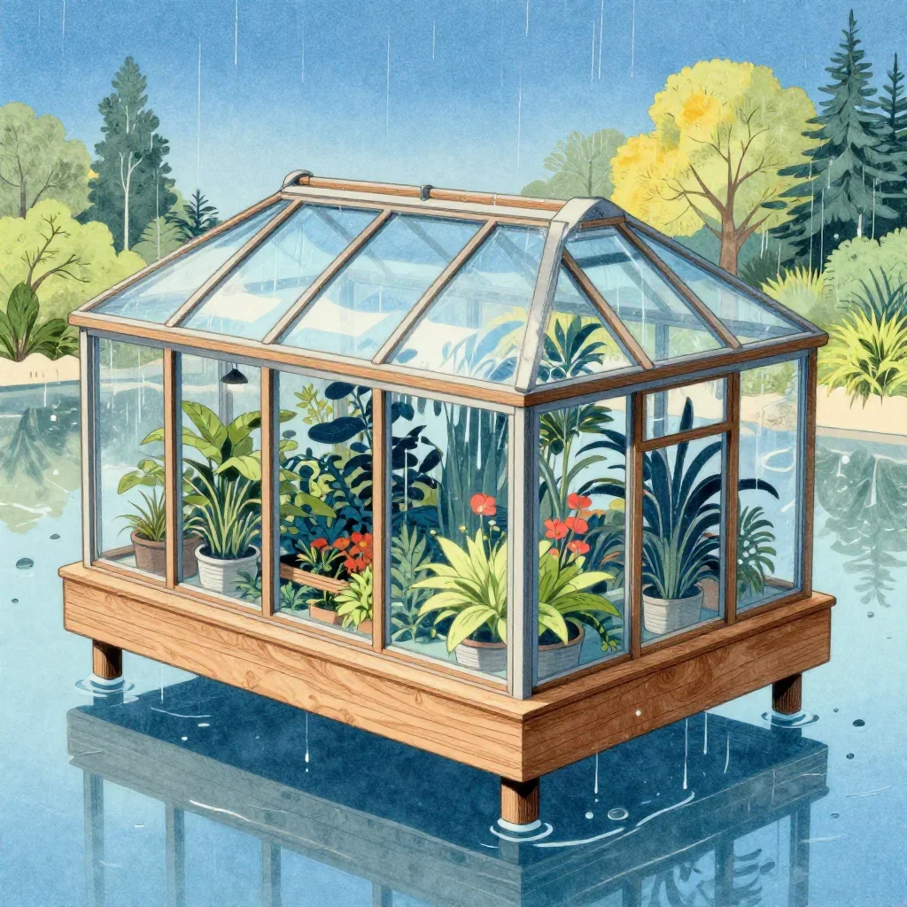 a floating botanical conservatory after warm summer rain, Japanese woodblock-inspired editorial art, subtle film grain, 